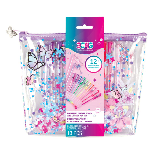Butterfly Glitter Pouchand 12-Pack Pen Set