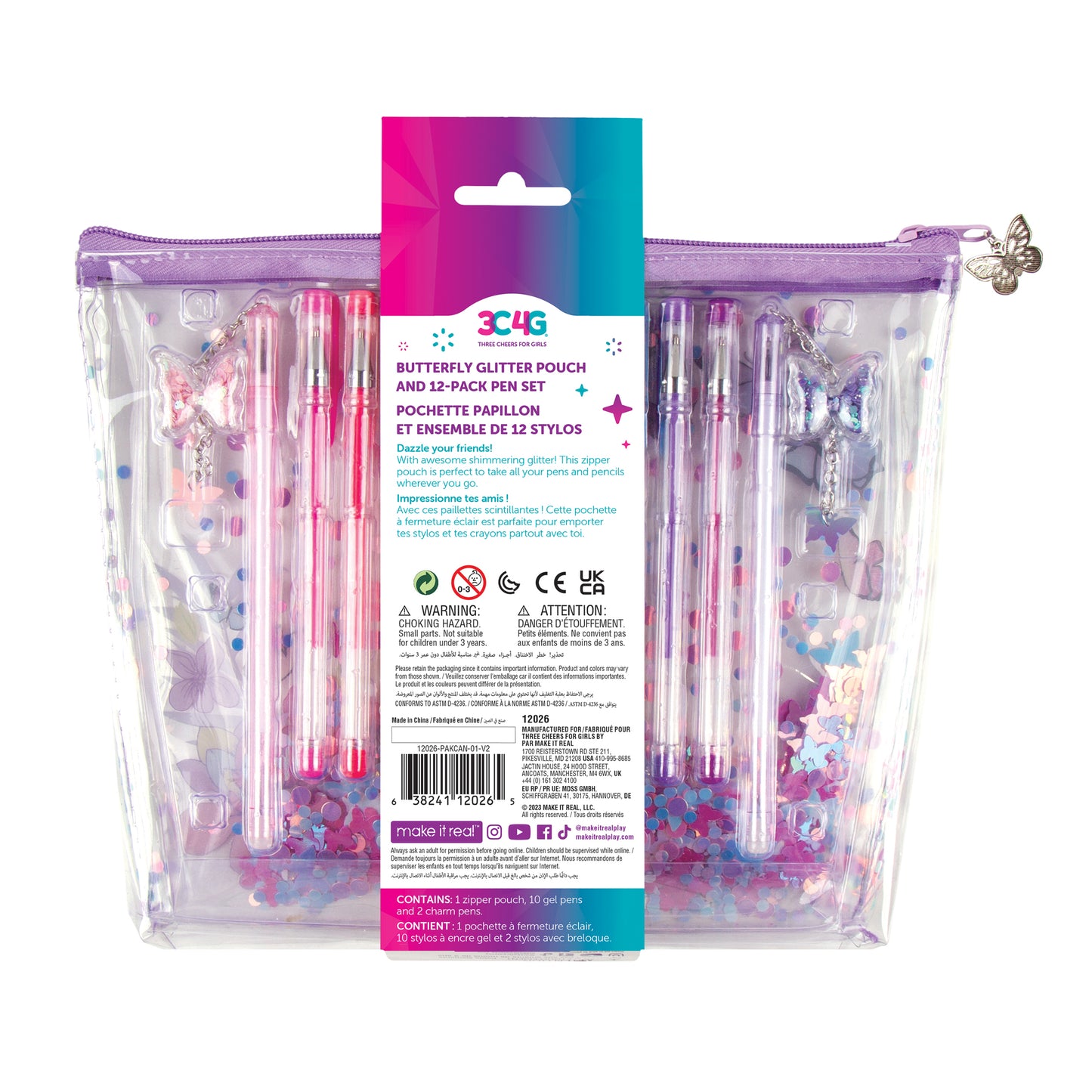 Butterfly Glitter Pouchand 12-Pack Pen Set